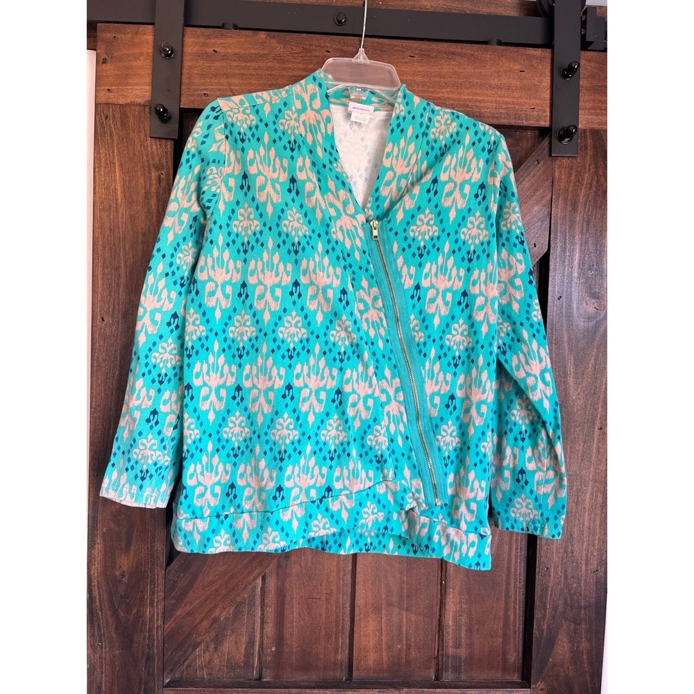 Turquoise Ikat Print Zipper Jacket Womens Medium Lightweight Cotton Blend, Layer